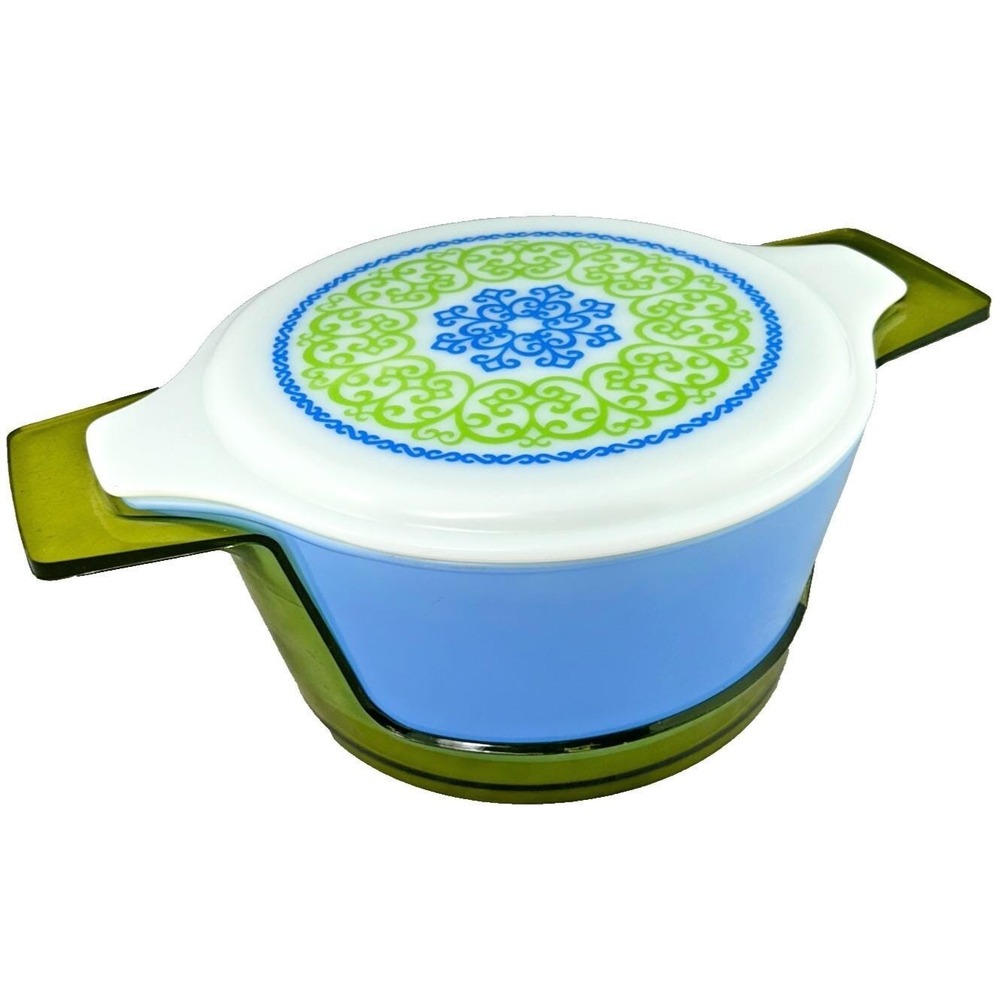 Pyrex Español‎ "OCEAN FILIGREE" CASSEROLE Dish w/ Lid & Hugger Cradle 1973 READ